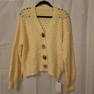 Cider Yellow V-Neck Cardigan with Strawberry Buttons